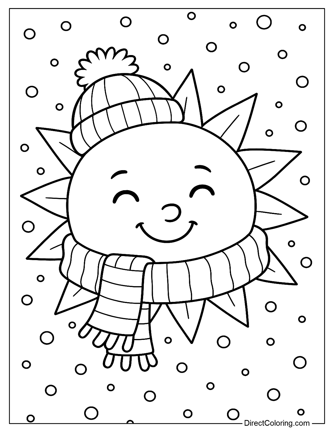 coloring page of the Winter Sun wearing a woolen scarf and gently falling snow, cute style.